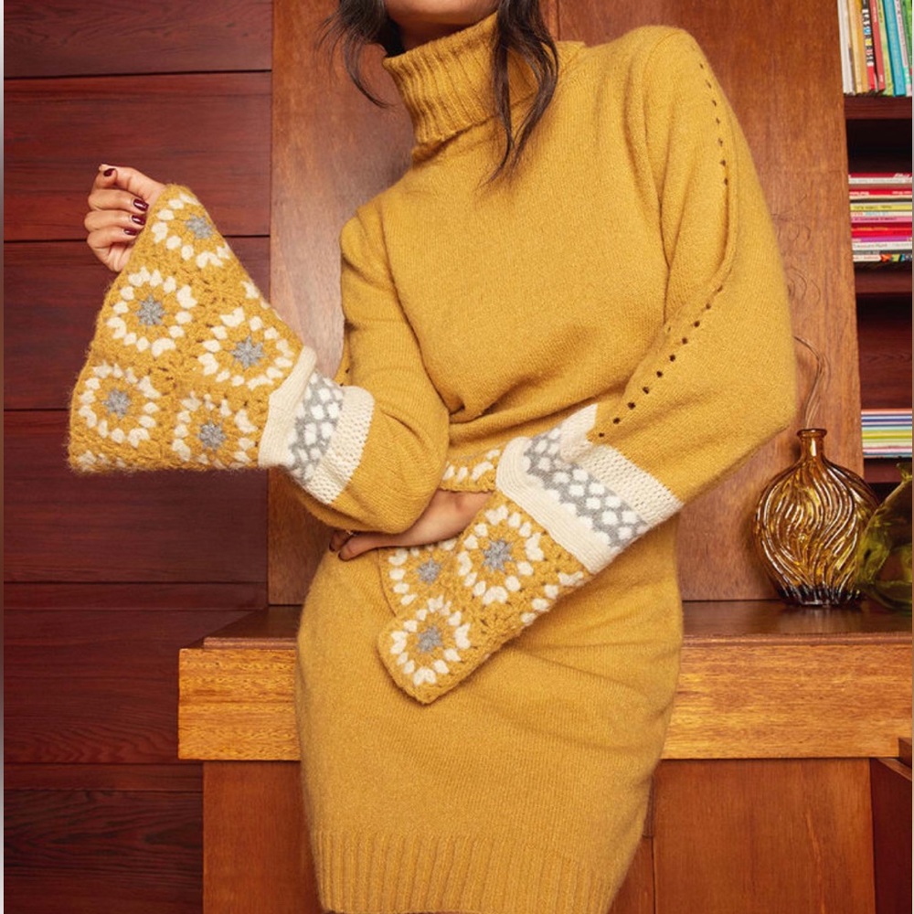 Lulu’s It's Groovy Mustard Yellow Multi Knit Turtleneck Sweater Dress